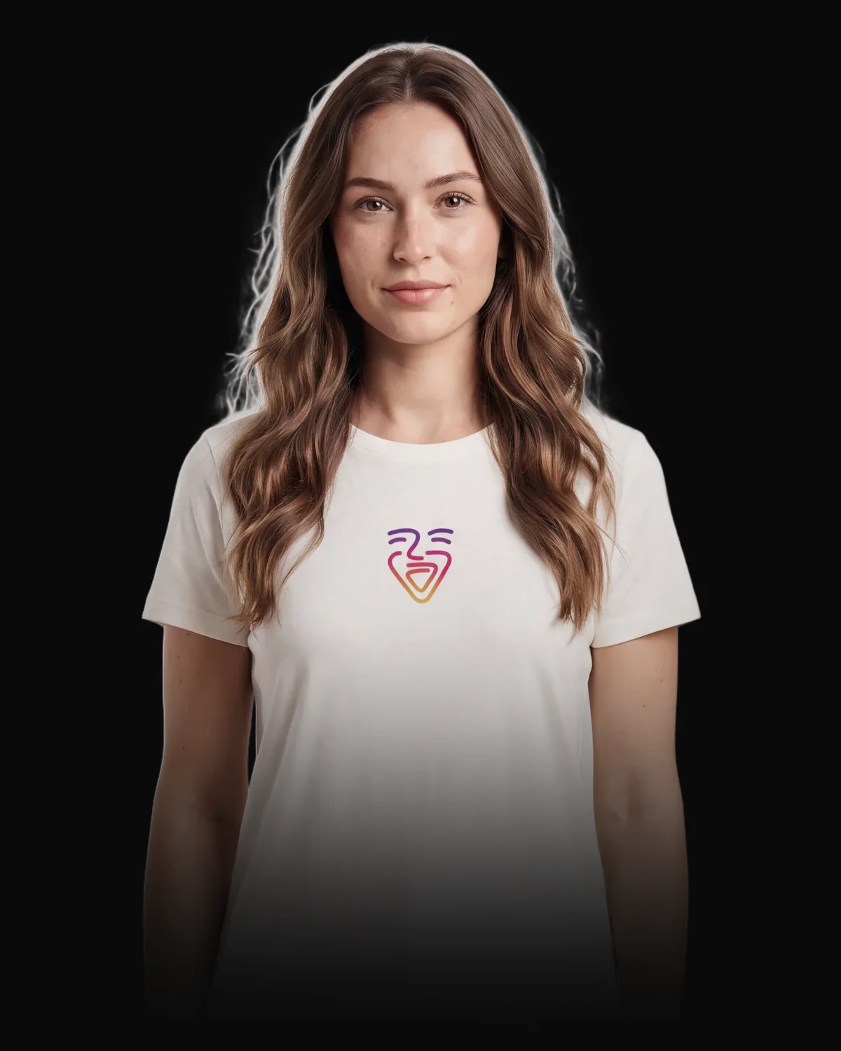 Woman in an off-white OneFam shirt, the brand mark in gradient on the chest, looking calmly into the camera